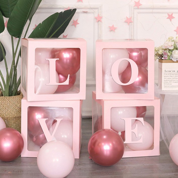 투명 LOVE BABY 레터링 풍선 박스 생일 기념일 밸런타인 데이 풍선박스 화이트, 분홍색 LOVE