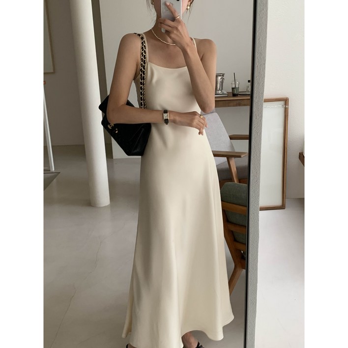 MADE 루어스룸 샤이니 새틴 실크 슬립 스트랩 민소매 나시 뷔스티에 a라인 플레어 빅사이즈 임산부 맥시 롱 원피스