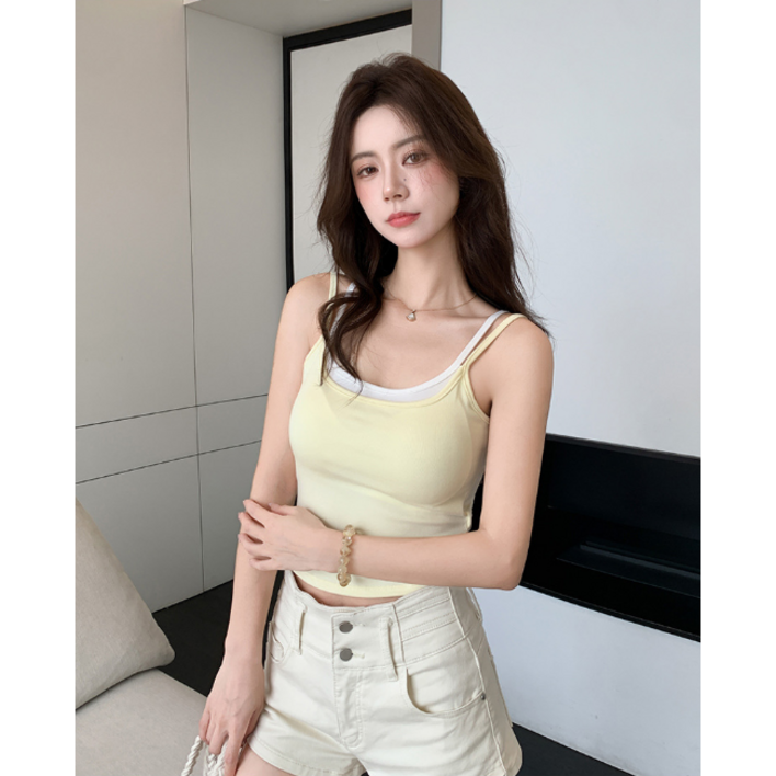 페이크 투피스 핫 백 민소매 티