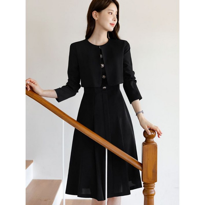 시크라인 XXL까지 라운드 넥 레이어드 크롭 자켓 플레어 원피스 가을 하객룩 오피스룩 모임룩 격식룩 빅사이즈