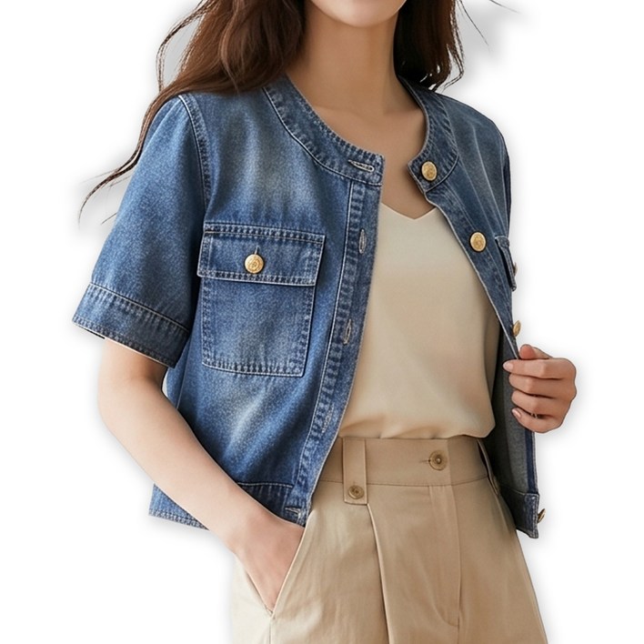 메리앤유 라운드넥 청 데님 소재 여름 반팔 자켓 골드 버튼