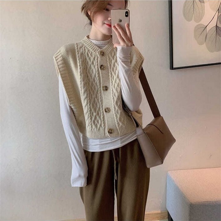 캐주얼 여자 니트 조끼 빈티지 쇼트 베스트 민소매 니트 가디건 봄 가을 여성 조끼 베스트 LCC