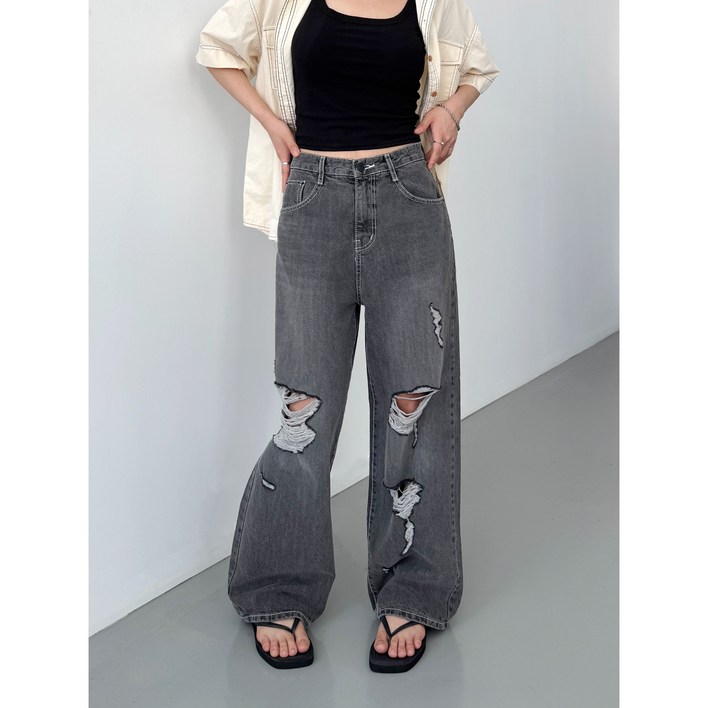 청요일 여성 그레이진 블랙워싱 디스트로이드 찢청 와이드 데미지 일자 데님팬츠 데일리룩 국내생산 청바지