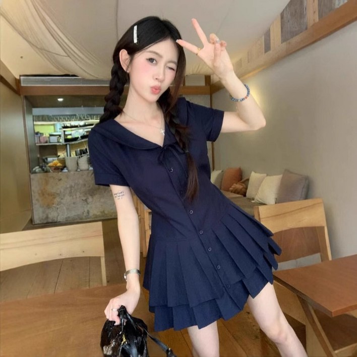 BROWMODA 여성 귀여운 A라인 칼라 브이넥 플레어 반팔 원피스