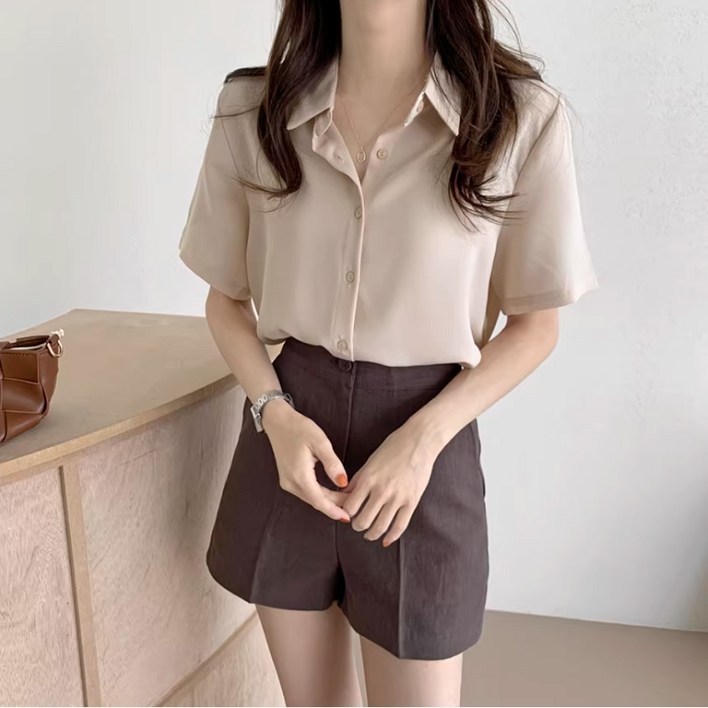 링클 반팔 셔츠 여성용 여름 카라 남방 블라우스
