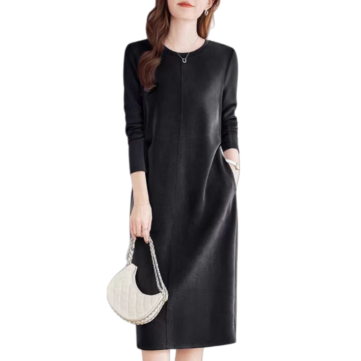 Makone 여성 심플 H라인 롱 원피스 라운드넥 루즈핏