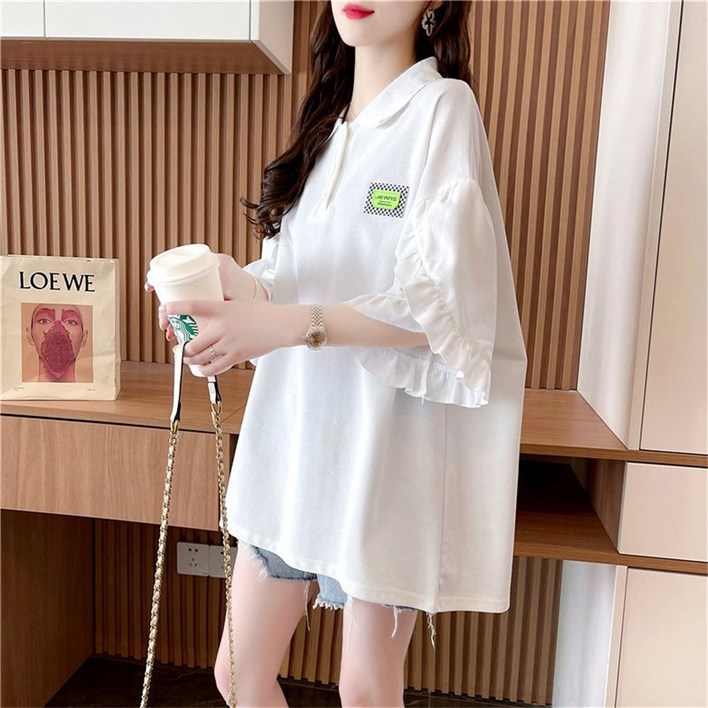 besteffie 여성용 여름 티셔츠 배색 칼라 퍼프 소매 캐주얼 반팔 박시 루즈핏 기본티 K87