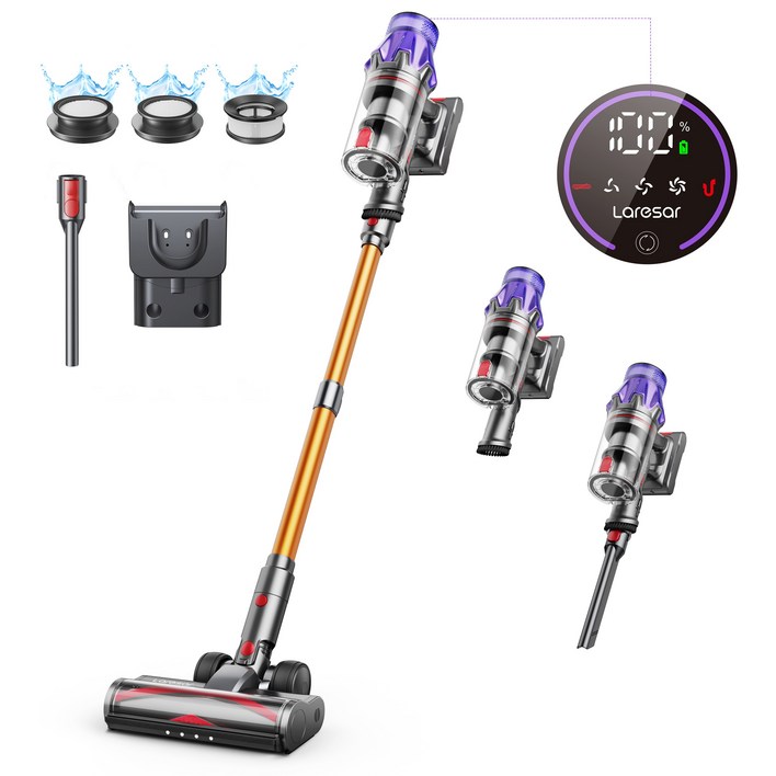 Laresar 무선 진공 청소기 500W 50KPA 흡입력 휴대용 스마트 가전 먼지 컵 탈착식 배터리 스마트 터치 스크린, 자색+노란색