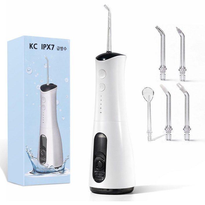 무선 파워클린 구강세정기 휴대용 스케일링 IPX7급방수5개노즐팁 수치실 치아 틈 입안 청결기, 화이트