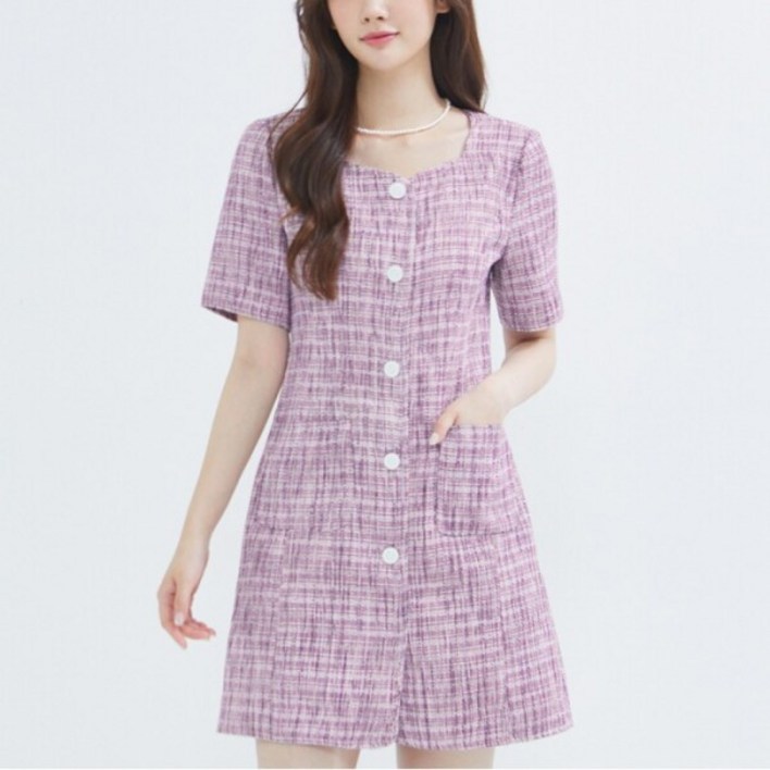 로엠비노출 로엠 넥변형 반팔 트위드 원피스 RMOWC38S11T