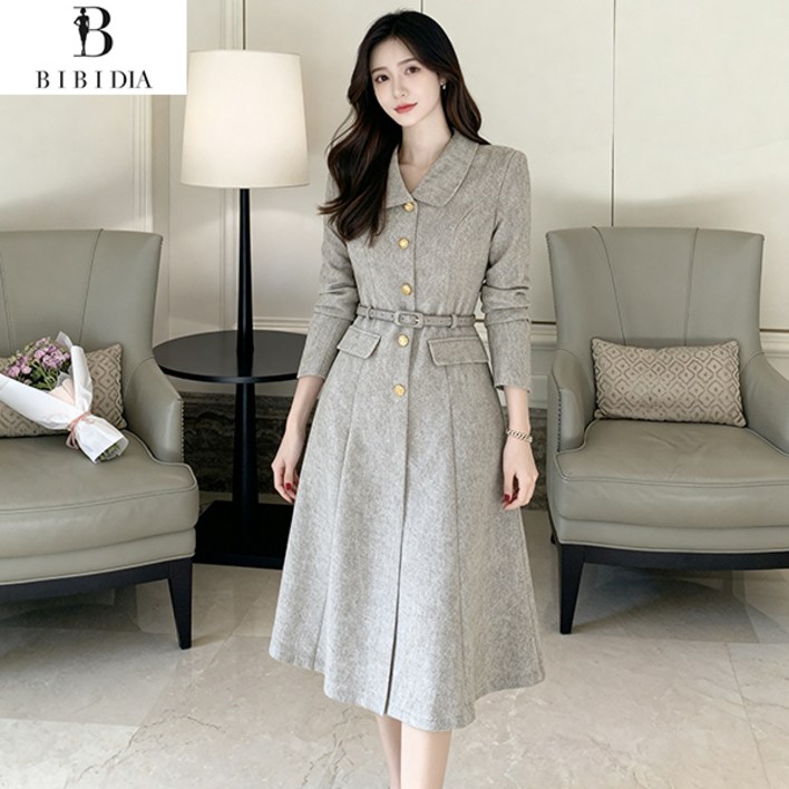 비비디아 여성 봄 가을 클래식 카라넥 금장버튼 플레어핏 하객룩 오피스룩 원피스 데일리룩벨트포함5573