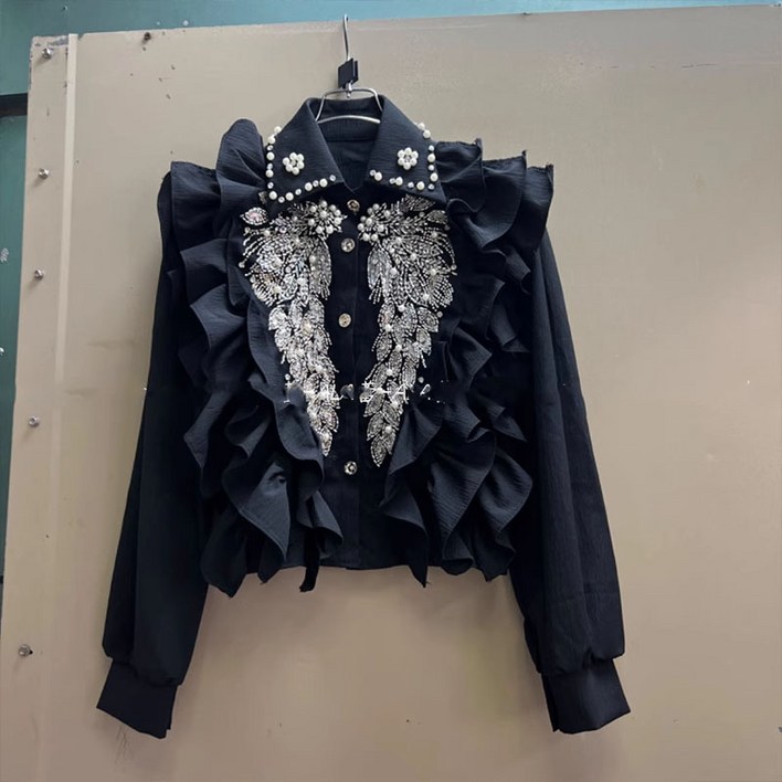 플라워 프릴 보석 큐빅 트롯 무대 공연 반짝이 진주 럭셔리 블라우스