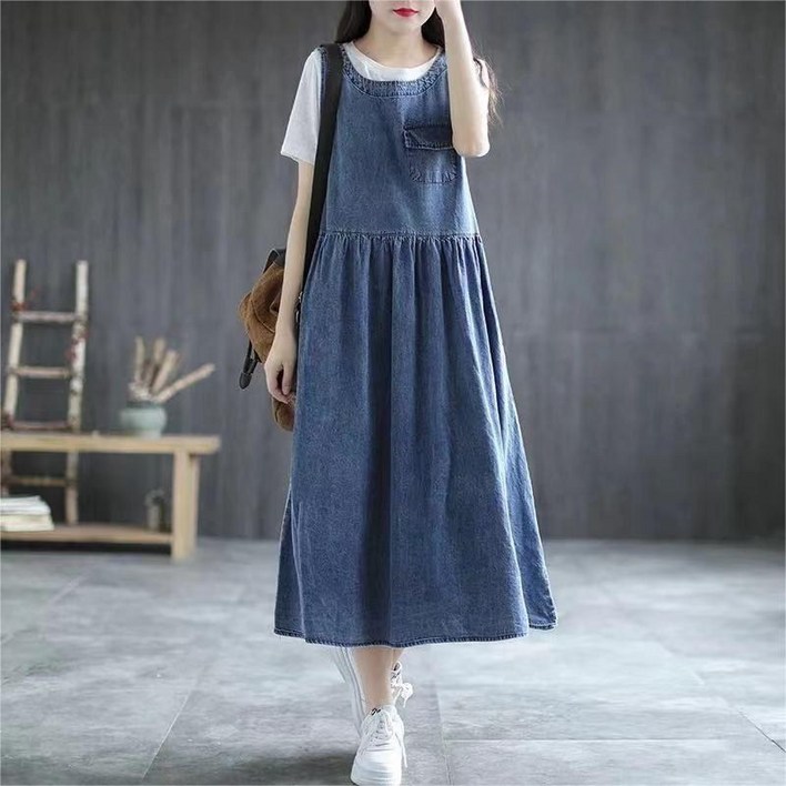 Asure  여성 데님 원피스 민소매 루즈핏 라운드 원피스