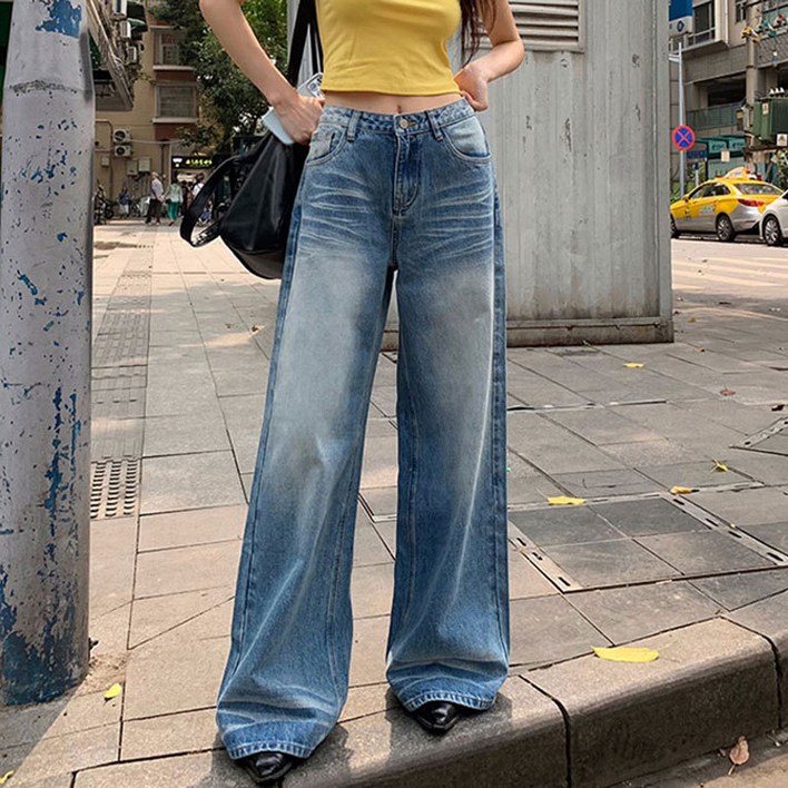 SAHINER 여성 봄가을 데일리룩 하이웨이스트 와이드핏 빈티지 워싱 데님 팬츠 LJANZ66