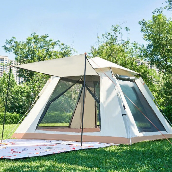 Zaxnouvi 원터치 텐트 3초 자동 펼침 그늘막 텐트 3~4인용 캠핑 휴대용 + 방수매트 포함, 베이지