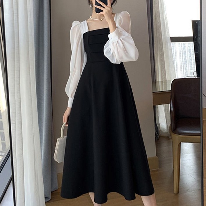 슬림소녀 여성 봄여름 스퀘어넥 어깨퍼프 롱 원피스 하객룩