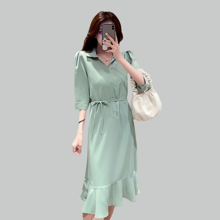 POMTOR 여름 우아한 카라넥 프렌치 반팔 원피스