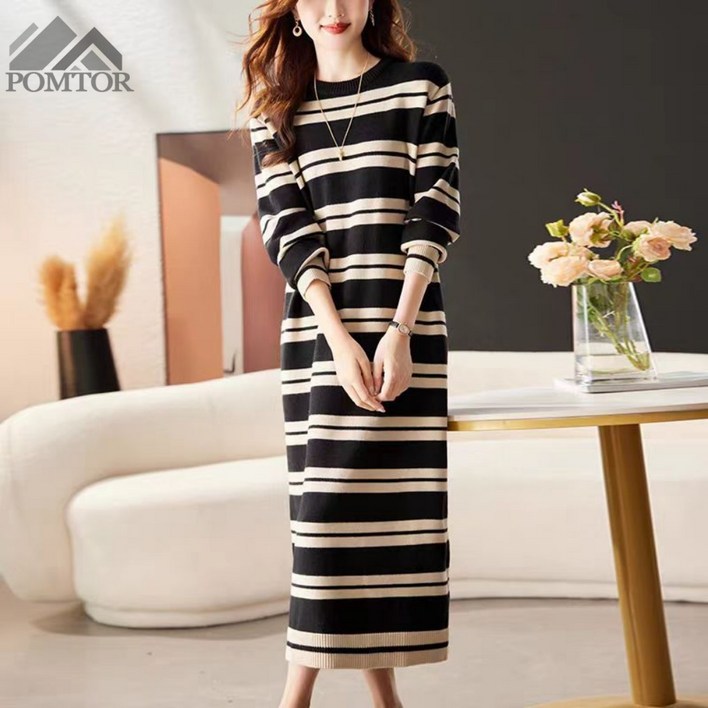 POMTOR 여성 캐주얼  빅사이즈 단가라 긴팔 니트 롱 원피스