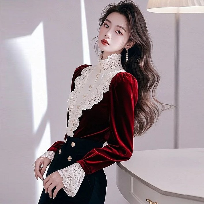 COSYEVNO 벨벳 셔츠 여자 가을 레이스 심플 빈티지 캐주얼 루즈핏 편안 엘레강스 긴팔 상의 CXJecs-05