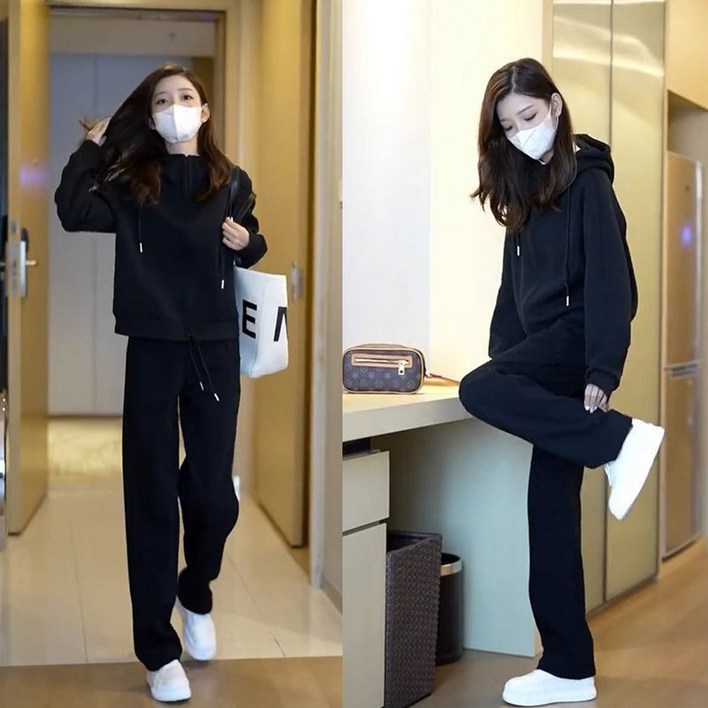 ANYOU 여자 봄가을 트레이닝 세트 캐주얼 패션 투피스 조깅복 세트 후드티셔츠