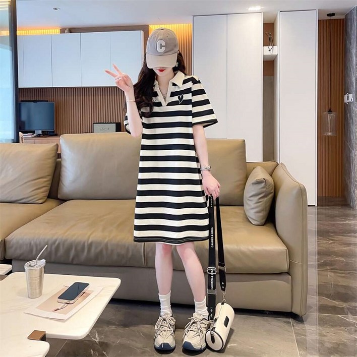 POMTOR여성용 V넥 스트라이프 반팔 원피스 루즈핏 미디 여름 캐주얼룩