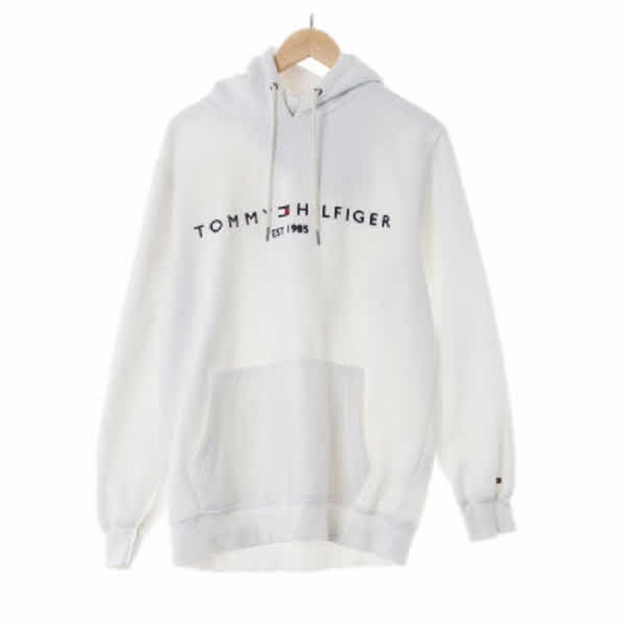 토미힐피거 0507 화이트 면혼방 센터자수로고웜후드티 L