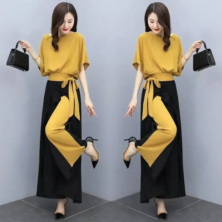 AOKADA 여성 투피스 정장 세트 반팔 셔츠 와이드 팬츠 셋업 여름 슈트