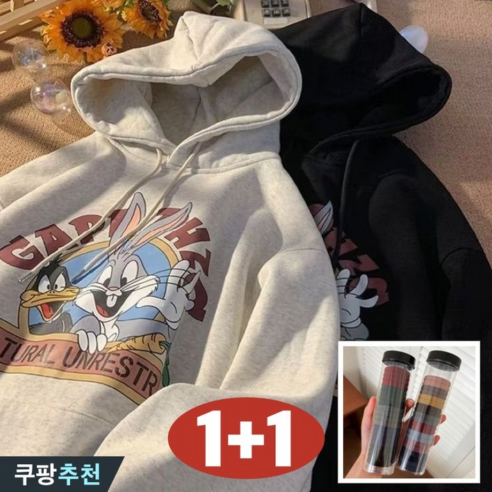 (특가상품+선물) 빅사이즈 1+1 남녀공용 프린트 오버핏 후드티 티셔츠 여성 / 남자 가을 겨울 신상 기모 얇은 캐릭터 토끼 간절기 큰옷 3xl 후드 베이직 커플 긴팔 티 맨투맨