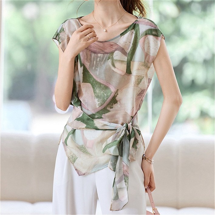 SAHINER 여성 민소매 블라우스 플라워 리본 스트랩 캐주얼 데일리룩