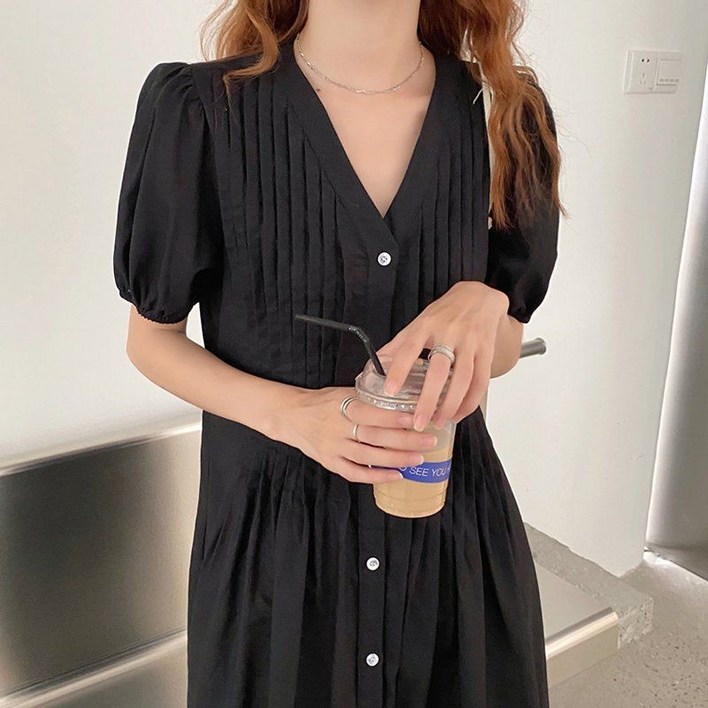 모니카 세로 핀턱 버튼 롱 원피스  제이플로우 린넨 여름 루즈핏 주름 브이넥