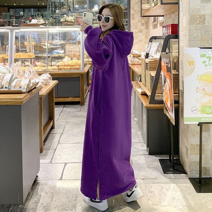 페이준 여성 추동 기모 도톰 빅사이즈 오버핏 원피스  캐주얼 오버핏 트임 솔리드 맨투맨 롱원피스 YF1159