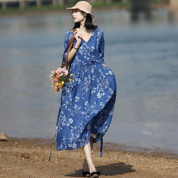 BLACK K7 여름원피스 여성 브이넥 자카드 모시 휴양지원피스