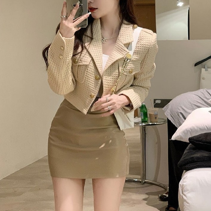 마리하우스 골드단추 자켓+가죽치마 세트 투피스