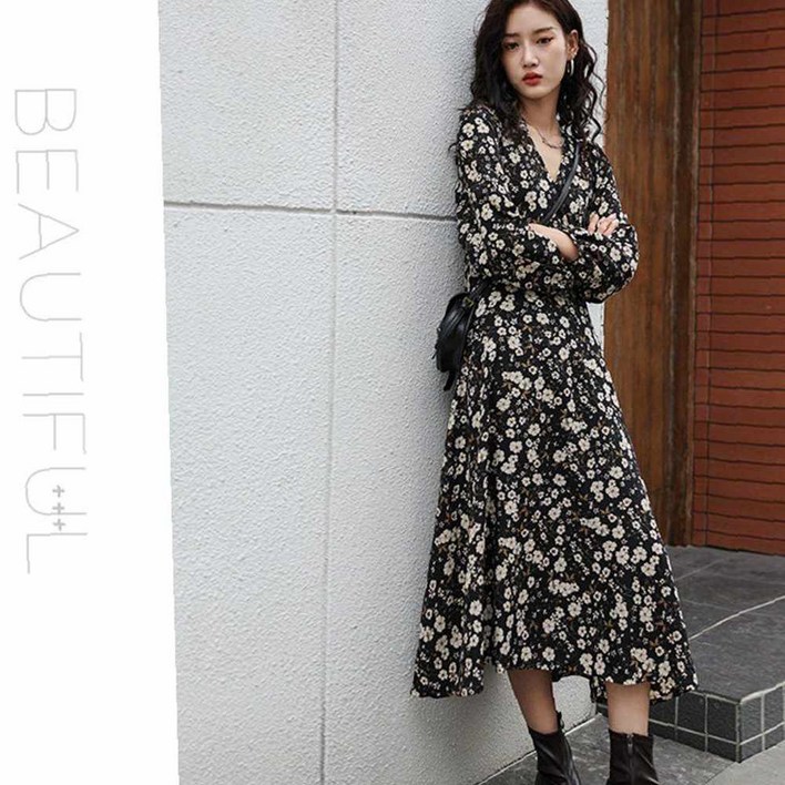 플라워 패턴 A라인 긴팔 롱 원피스 봄 가을 쉬폰