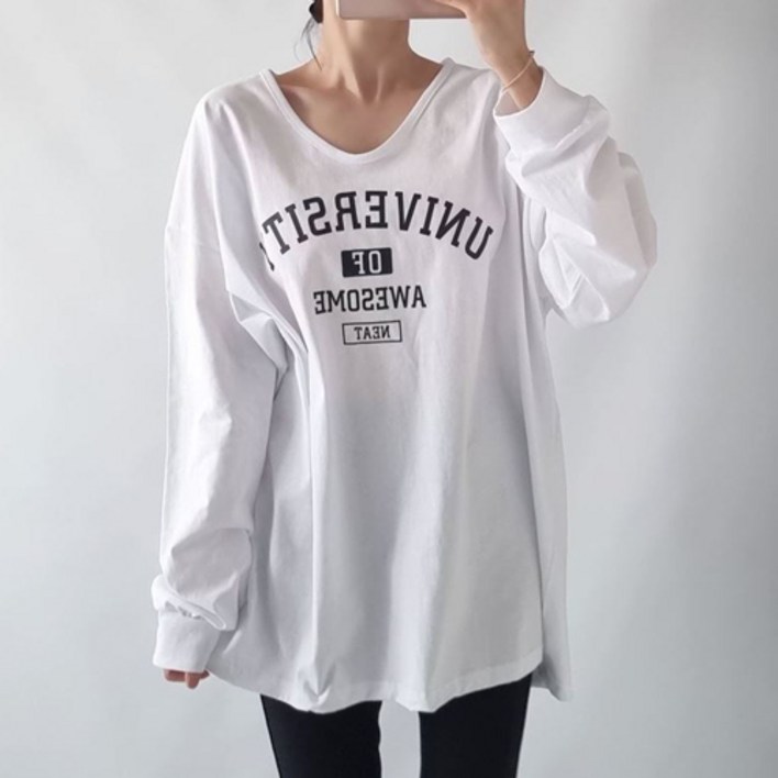 우리야 여성 긴팔 티셔츠 브이넥 롱 박스티