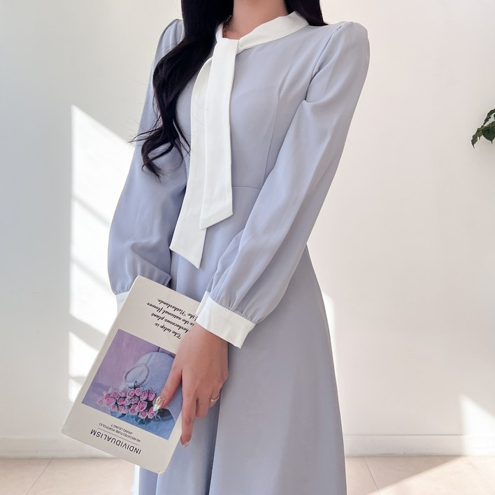 투디 배색 타이 플레어 롱원피스, 3color