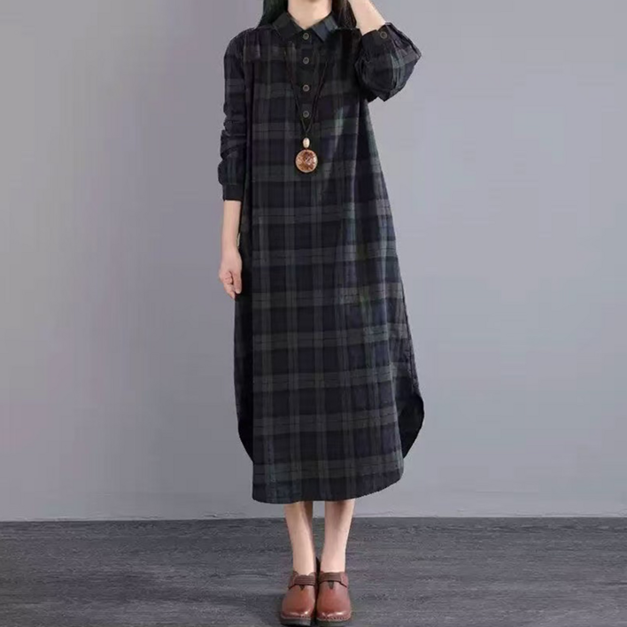 오스틱니 빅사이즈 여성 린넨 체크 셔츠형 롱 언밸 원피스 가을가을 편한 옆트임 카라 버튼 a라인 스커트 배색 우아한 코디 루즈핏 캐쥬얼 프리미엄 원단 패션 얇은 체크 셔츠 원피스