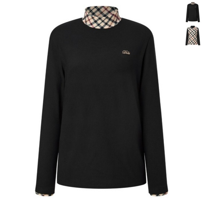 닥스 골프 우먼 블랙 체크 배색 긴팔 티셔츠 90105 size 여성 의류 골프웨어 반하이넥 긴팔티