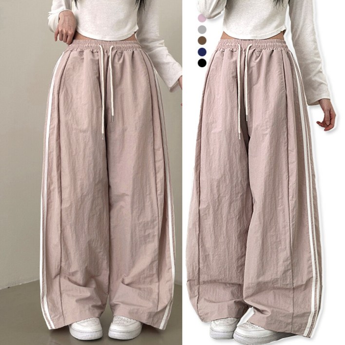 하이제시카  나일론 와이드 루스 더블라인 트랙 스포티 롱팬츠