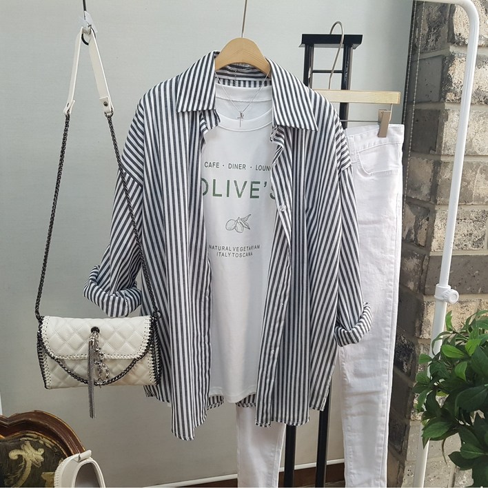 상상그이상 여성용 마린 세로줄 스트라이프 기본 셔츠