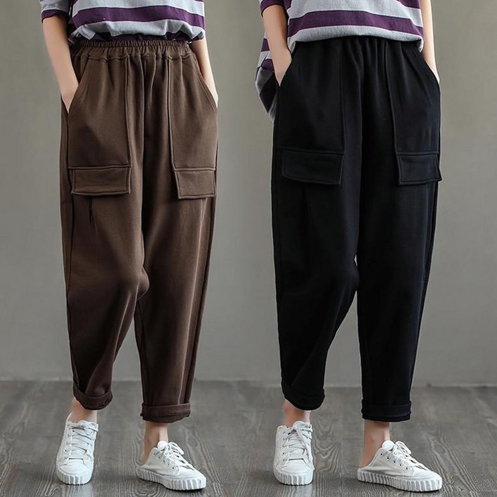 S-4XL 중년여성 키작녀 배기팬츠 캐주얼 빅사이즈 주머니 심플 밴딩팬츠 4가지 컬러 여성바지 엄마복