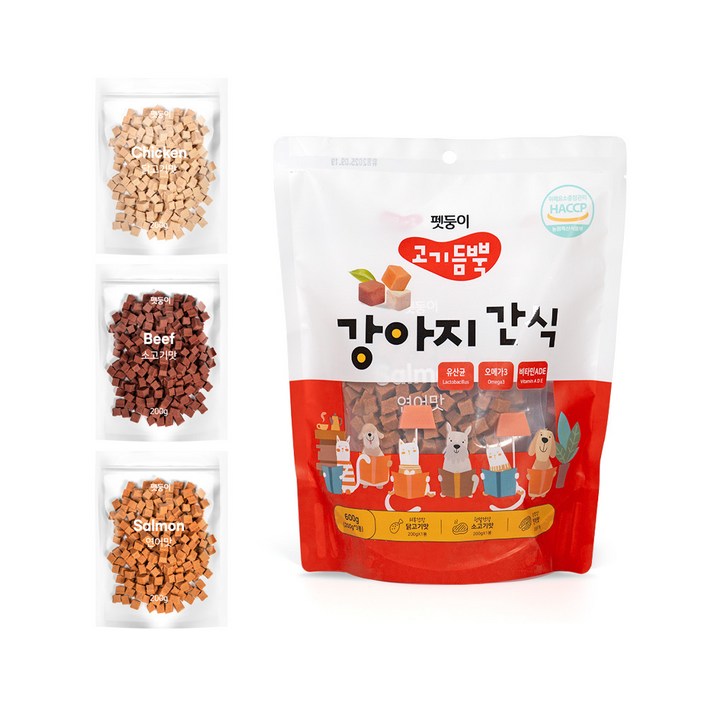 펫둥이 고기듬뿍 강아지 간식 져키 3가지맛 600g, 닭고기소고기연어