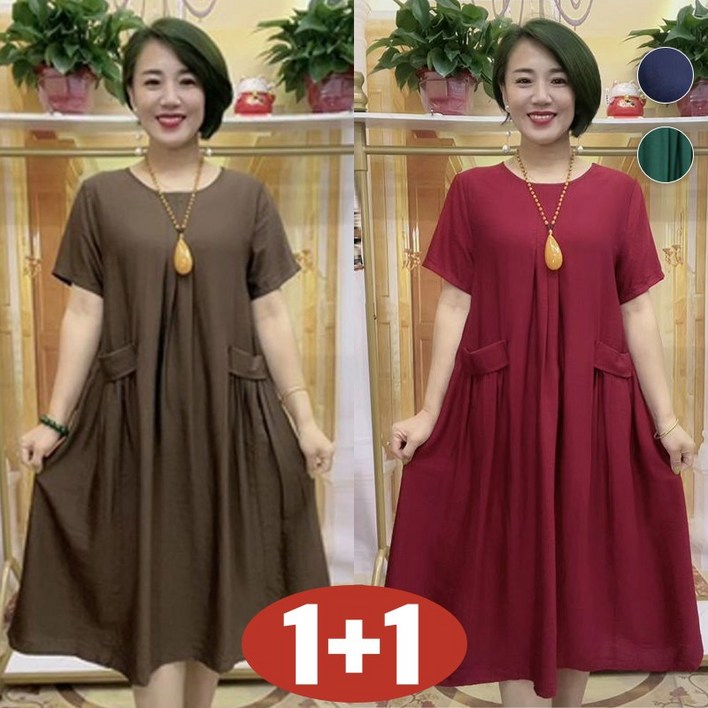 (젊어 보이는) 100kg까지 빅사이즈 1+1 여성 중년여성 라운드넥 허리꼬임 플리츠 미디 원피스 여름 편한 심플 단아한 모던 루즈핏 박스 날씬해보이는 주머니있는 엄마 원피스