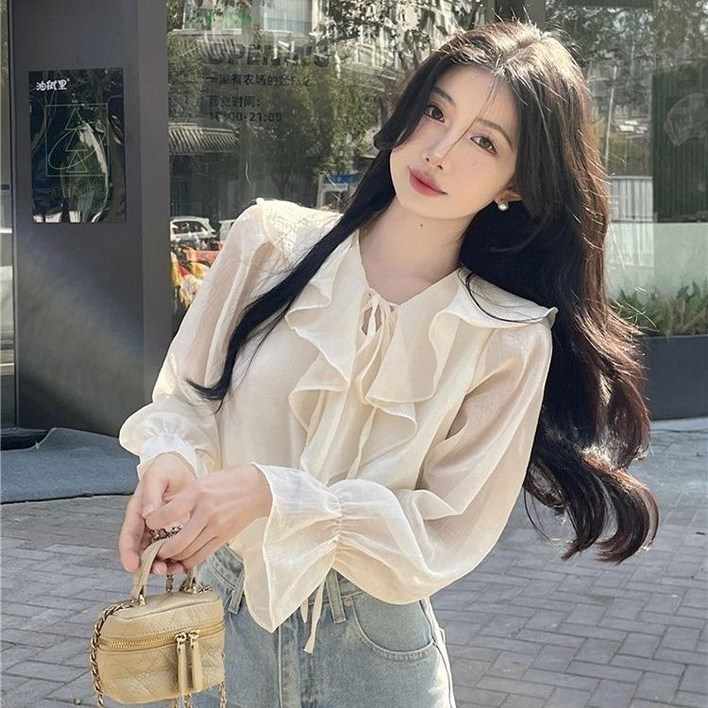 COSYEVNO 여성 봄가을 셔츠 러플 넥 프릴 셔츠 CXJv-03