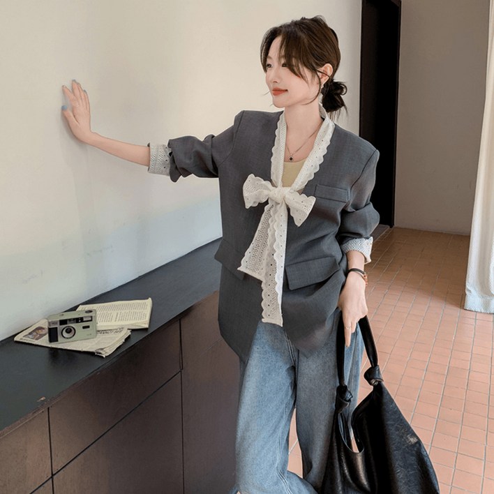Unique 여성 봄 가을 편안한 리본 타이 정장 자켓 프렌치 코드 가디건 빅사이즈