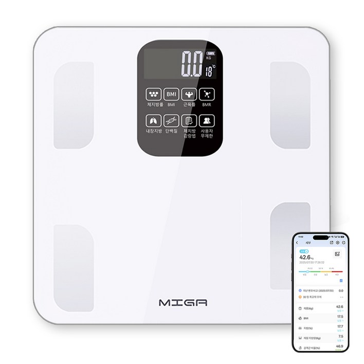 MIGA 스마트 가정용 블루투스 LCD 강화유리 인바디 체지방 체중계