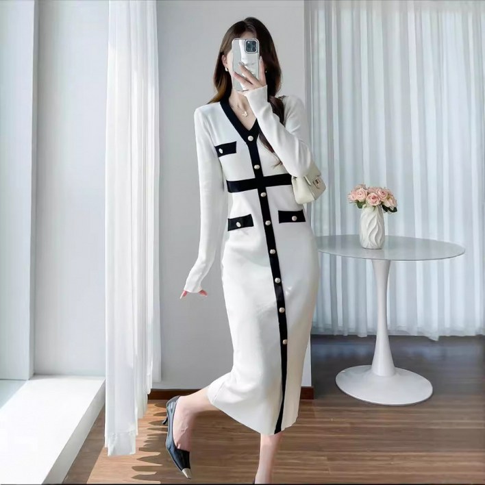 천하오 브이넥 니트 원피스 이너 원피스 날씬해 보이는 편안한 롱 원피스 TZ1050