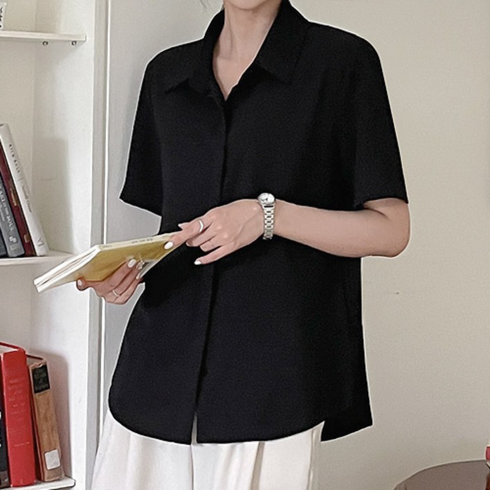 오버나인 여성 히든버튼 반팔 데일리 반팔 셔츠 블라우스