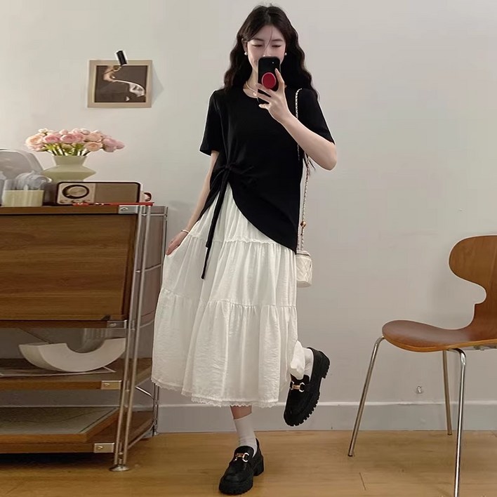 여름 여자 데일리룩 캐주얼 맨투맨 치마 투피스 빅사이즈 루즈핏 하객룩 롱 스커트 세트