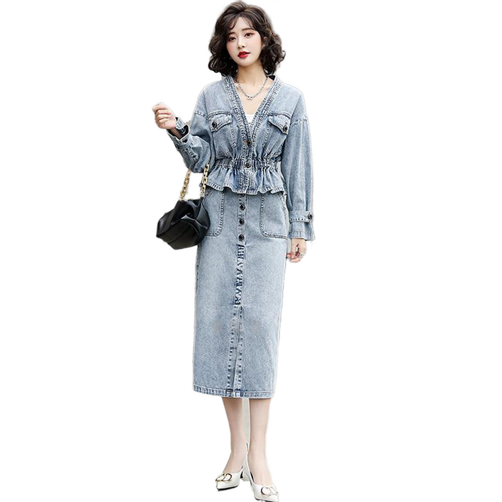 셀럽당 데님 원피스 세트 여 춘추 패션 숏 코트 하프 스커트 투피스Q00480